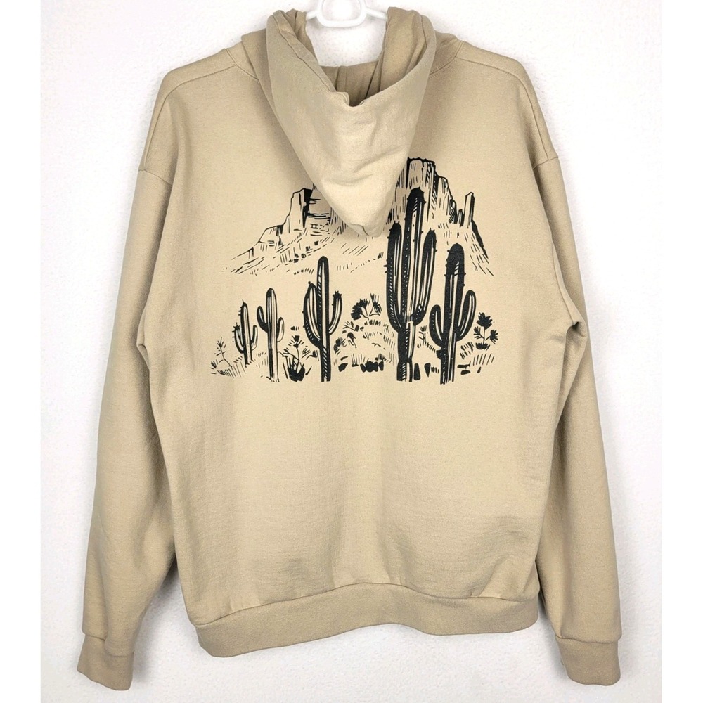 Desert Cactus Landscape Hoodie Mens L‎ Sand Beige Graphic Cotton Sweatshirt
